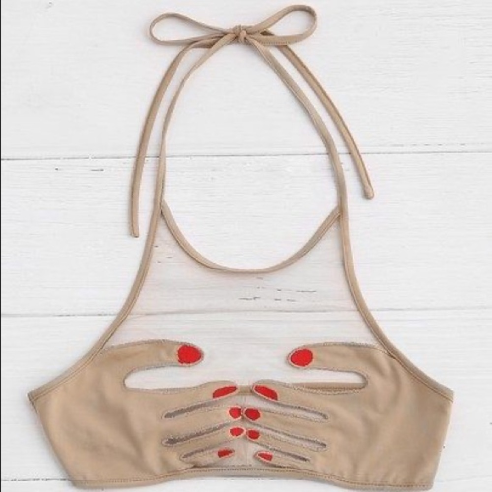 Nails Hand Patch Halter Neck Mesh Bralette in Nude/Tan